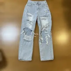 ダメージデニム ワイドレッグ ライトブルー