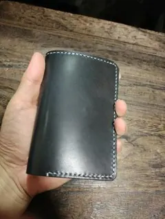 ブラック☆MiddleLeatherWalletミドルウォレット✮フラップ全縫い