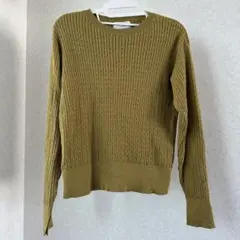 オリーブグリーン ニット オペークドットクリップ ケーブル編み 長袖 薄手