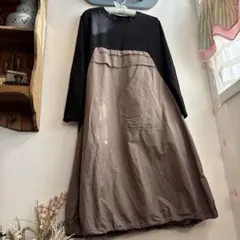 異素材　ドッキングワンピース　バイカラー　ロングワンピース　バルーン　コクーン