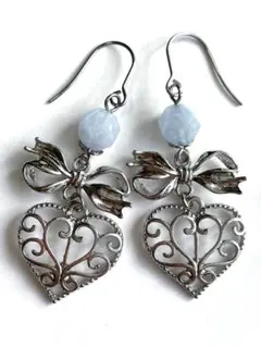 シルバーハートリボン天然石アクアマリンピアスイヤリング　301