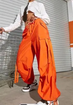 ストリート無地ドローストリングウエストフラップポケットカーゴパラシュートパンツ