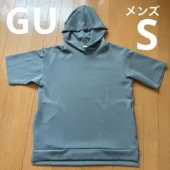GU カーキ　フード付きショートスリーブ　半袖パーカー　メンズS