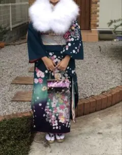 青緑色 花柄 振袖　フルセット　一回のみ着用　京都きもの友禅