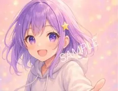 女の子イラスト ラベンダー髪 パーカー ピンクチェック 笑顔 No.174
