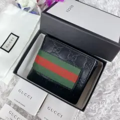 ✨付属品付き✨ グッチ 二つ折り財布 シェリーライン シマ GG柄 レザー 黒