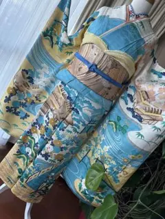 振袖フルセット トルコブルー×たまごイエロー 友禅 金駒刺繍