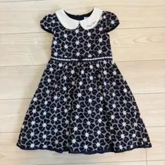 【美品】メゾピアノ　花柄刺繍ワンピース 丸襟 半袖 ネイビー 120cm