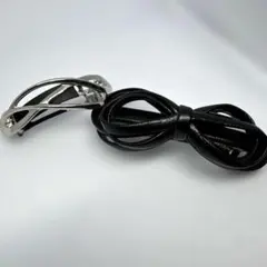 バレッタ　２個　リボン黒　ブラック　シルバーヘアアクセサリー