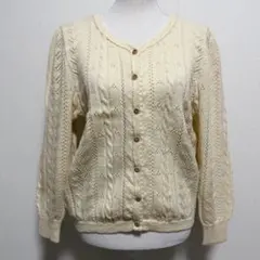 昭和レトロ ケーブル＆透かし編み カーディガン ウッドボタン 国産品ヴィンテージ