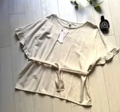 新品　9千円　ESPRIT リネン混　半袖トップス ウエスト　キナリ フリル