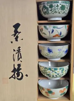 【新品】セラミック藍　銀彩絵変り飯椀　茶漬揃　お茶碗　美濃焼　木箱入　5個セットのサムネイル