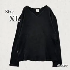 【12/16迄SALE】ブラック 黒 Vネック Tシャツ XL サーマル 長袖