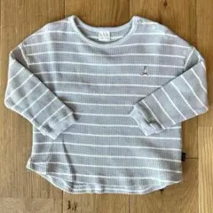 美品テータテートバースデイロンT長袖ワッフル地ボーダーベビー95cm子供服グレー