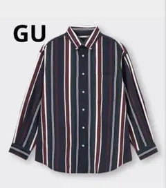 GU ジーユー　ツイルオーバーサイズシャツ長袖シャツ ストライプネイビー 緑赤