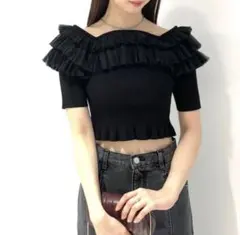 【美品】snidel チュールボリュームフリルニットプルオーバー 黒