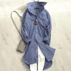 美品ポロ ラルフローレン ストライプ ロングシャツワンピース ブルー 袖刺繍