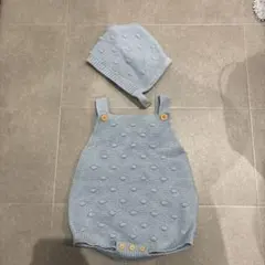 水色 ニットロンパース 帽子セット 12-18M