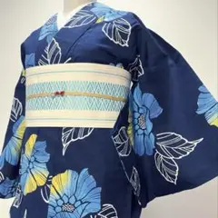 浴衣　洗える着物　花模様　鹿の子　紺地　身丈157　裄64.5　着物　052tz 浴衣 洗える着物 花模様 鹿の子 紺地 身丈157 裄64.5 着物 052tz