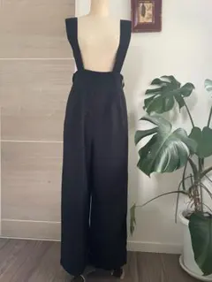 2WAYサロペット ワイドパンツ シワになりにくくお手入れ楽々 ブラック