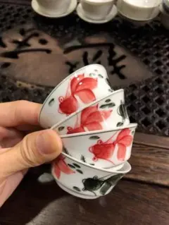 金魚絵柄の陶器茶碗4個セット