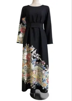 留袖ワンピース　留袖ドレス　着物リメイクロングワンピース　ハンドメイド　黒留袖