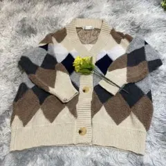 Lion garden ダイヤモンド柄カーディガン