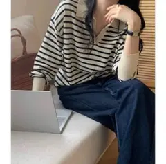 ストライプ ポロカラー ニットセーター②