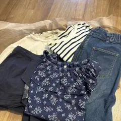 キッズ服5点セット ネイビー花柄・ストライプ・フリル付きドレス140