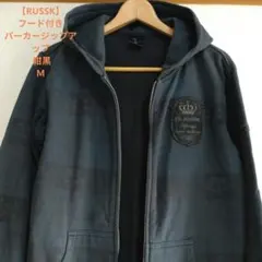 【RUSSK】フード付きパーカージップアップ 紺黒ワッペンチェック王冠Ｍ