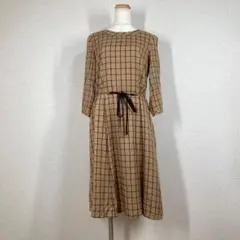 キース チェック柄 リボン ワンピース 38 M 茶 ベージュ 七分袖 膝丈