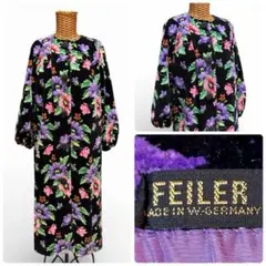 【美品】FEILER ノーカラーコート ボタニカル　シェニール織　黒　M L