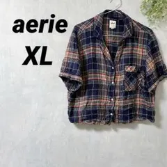 ✨美品✨aerie 【XL】チェック柄 半袖シャツ ショート丈［1点もの］