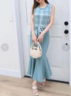 ROYAL PARTY ウエストリボンチェックノースリーブマーメイドワンピース