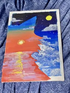 カルガモ親子と海 風景画 オイルパステル画 原画 ハガキサイズ #66