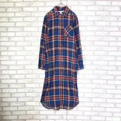 Lev's リーバイス　チェック柄　シャツワンピース　青　ロールアップ袖　Sのサムネイル