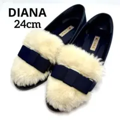 DIANA ダイアナ ファー フラットシューズ パンプス リボン 紺 ネイビーのサムネイル
