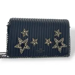 極美品 コーチ チェーンウォレット 黒 キルティング レザー ビジュー 星