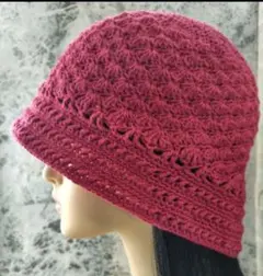 コットン　バケットハット　ケア帽子　赤　クロシェハット　ハンドメイド　手編み