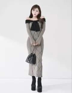 ダーリッチ リボンステッチニットロングワンピース GRY