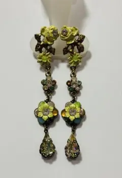 超美品☆ ミハエルネグリンのペイントローズローズ　イエロー×グリーンロングピアス