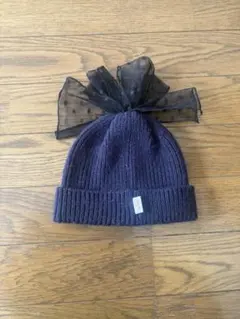 ネイビー ニット帽 リボン付き