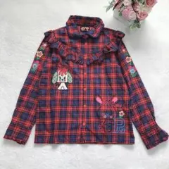 チェリッチュ 長袖チェック柄シャツ フリル 刺繍 ワッペン カジュアル トップス