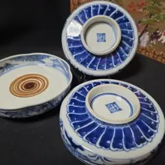 ①永楽保全　京焼　骨董　古染付写　向付　懐石料理　染付松竹梅文　菓子皿　3客 ①永楽保全 京焼 骨董 古染付写 向付 懐石料理 染付松竹梅文 菓子皿 3