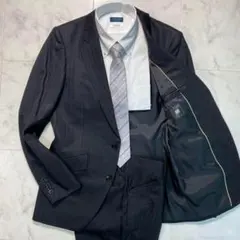 高級モデル スーツセレクト シルク混 ストライプ ビジネススーツ ブラック