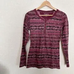 Eddie Bauer 【M】 長袖Tシャツ ストライプ柄 レッド レディース