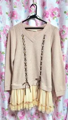 ベージュ Vネック カットソーワンピース M