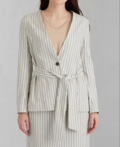 グリーンレーベルリラクシング ストライプ ノーラペルジャケット リネン混 L