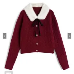 ファーティペット付きケーブル編みニットカーディガン グレイル GRL