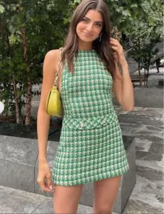 緑系チェック柄ノースリーブミニワンピース
